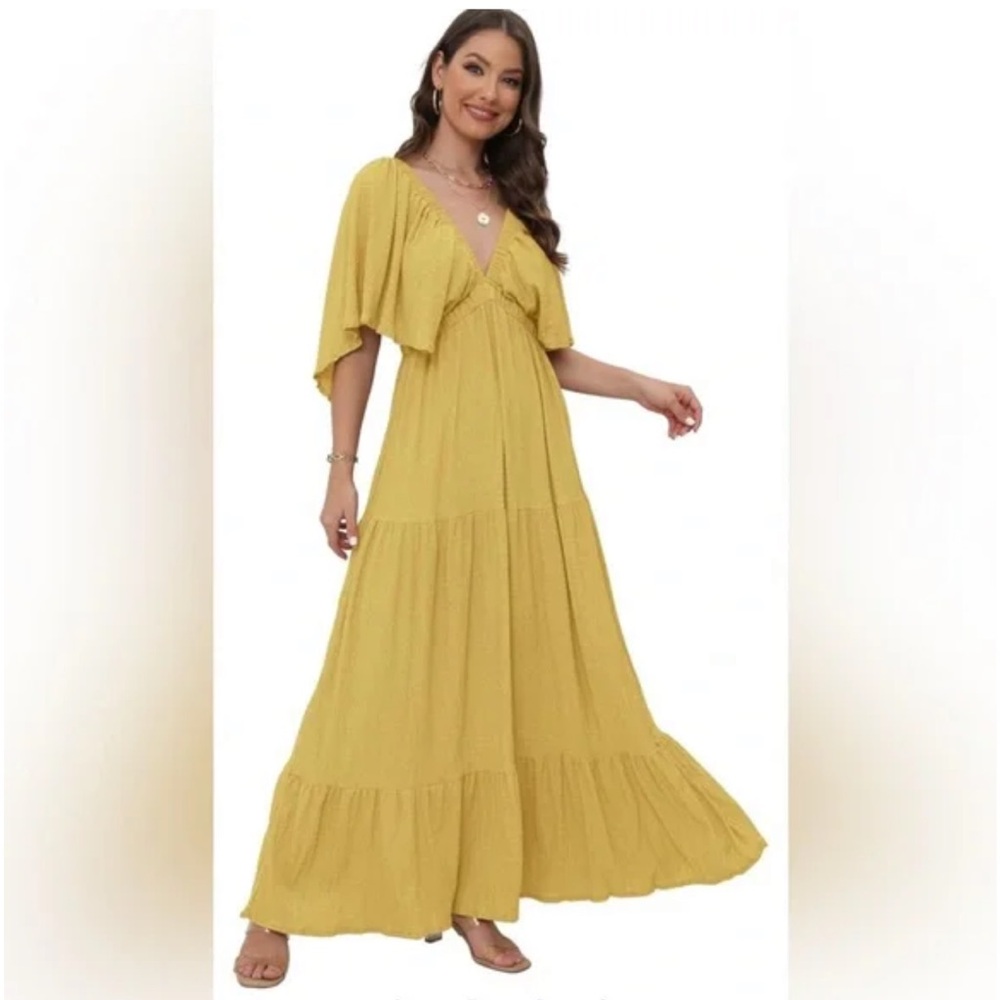 SUNNOW Women's Summer Maxi Dress Flowy Loose Fit V-Neck Tiered Yellow Size M NEW - Picture 13 of 14